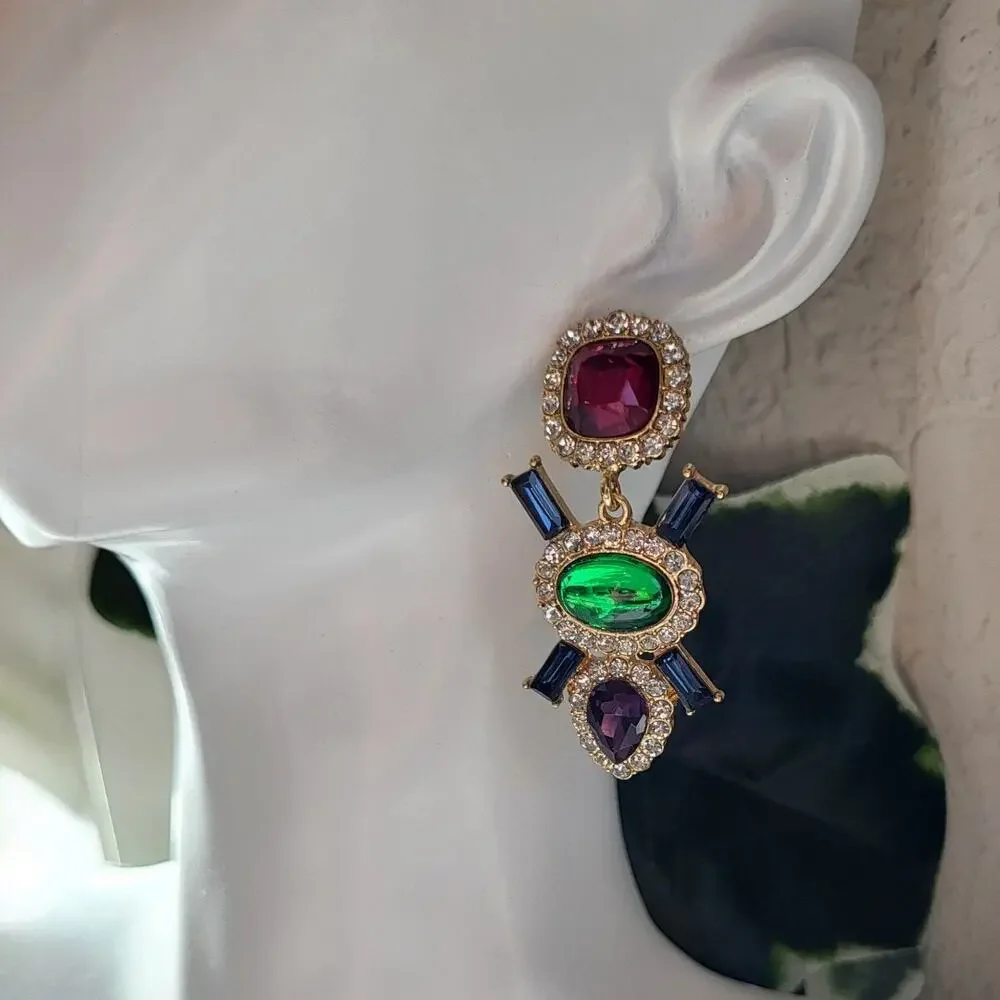 Multi-Color Jeweled Gem Statement Dangle Earrings – Gold Tone Rhinestone Drops